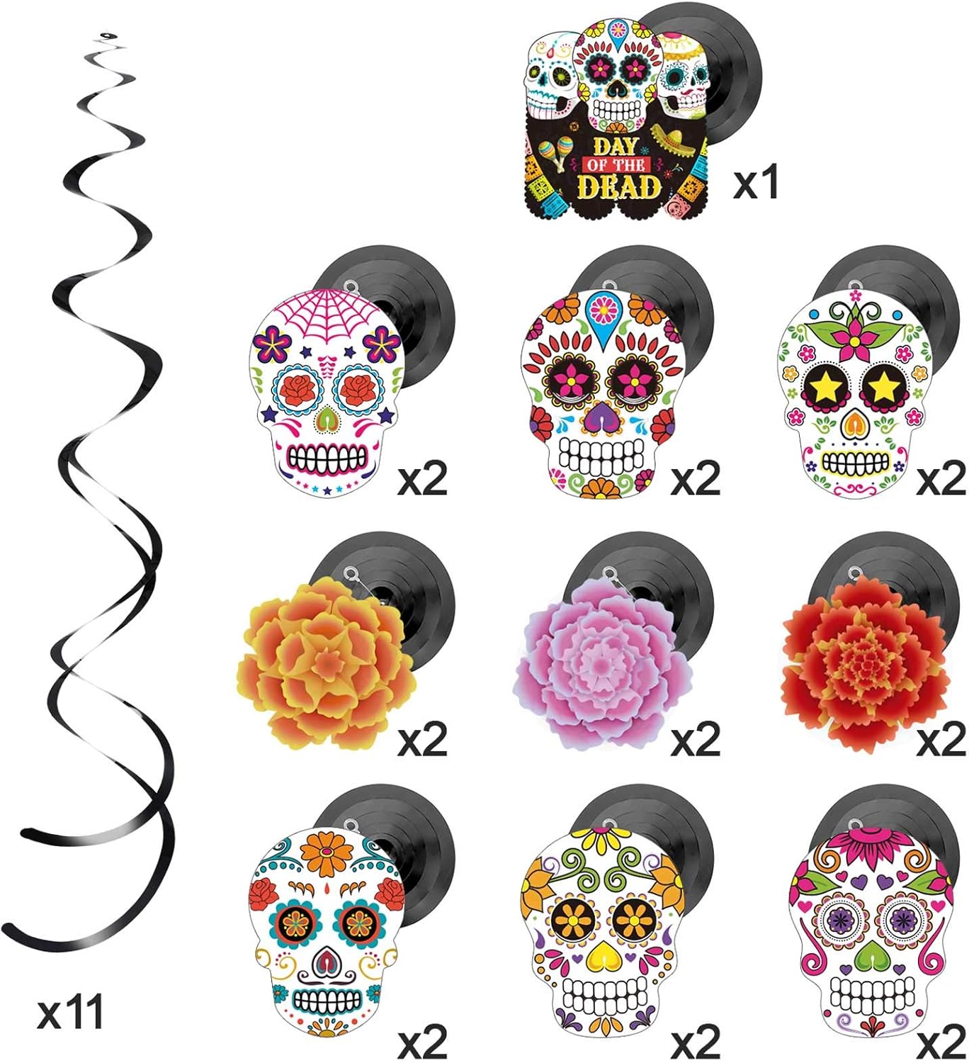 30 remolinos de papel de aluminio del Día de los Muertos, decoraciones de Halloween, calavera de azúcar, flores colgantes en el techo, remolinos de