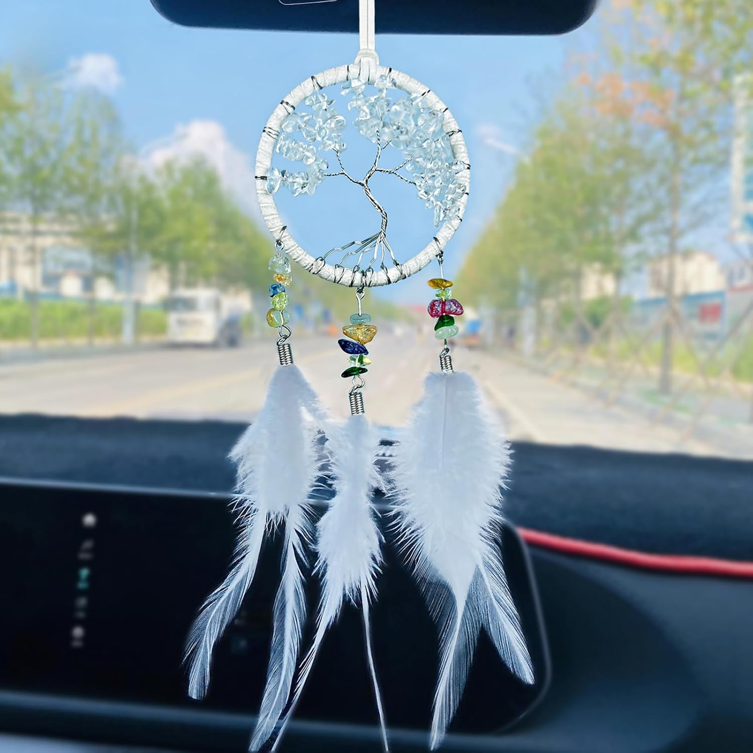 Atrapasueños colgantes para espejo de automóvil, pequeño árbol de la vida, atrapasueños blancos para adorno de automóvil