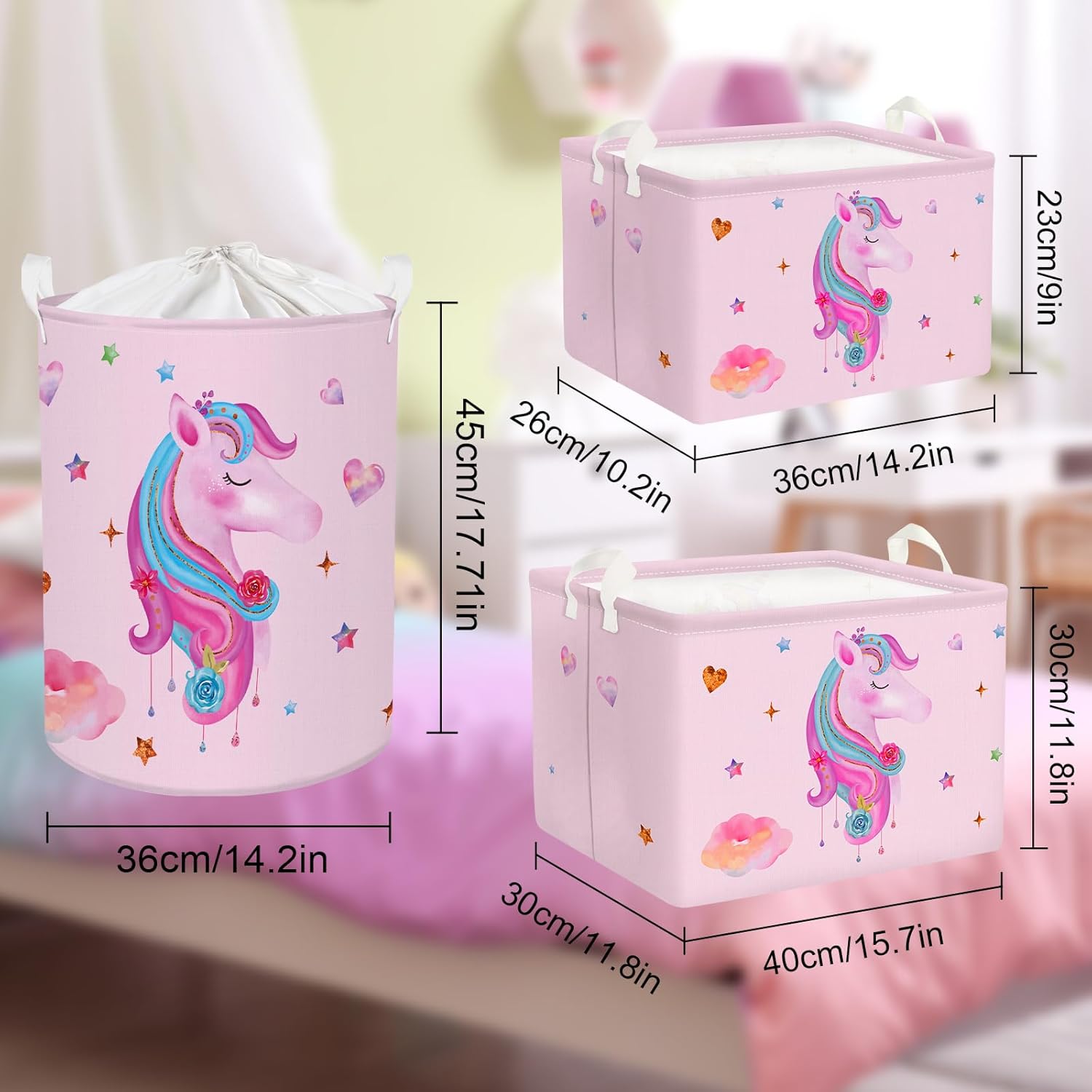 Clastyle Cesta rectangular de unicornio rosa para niñas, con diseño de estrella de nube, corazón, para baby shower, ropa, toalla, libro, juguetes,
