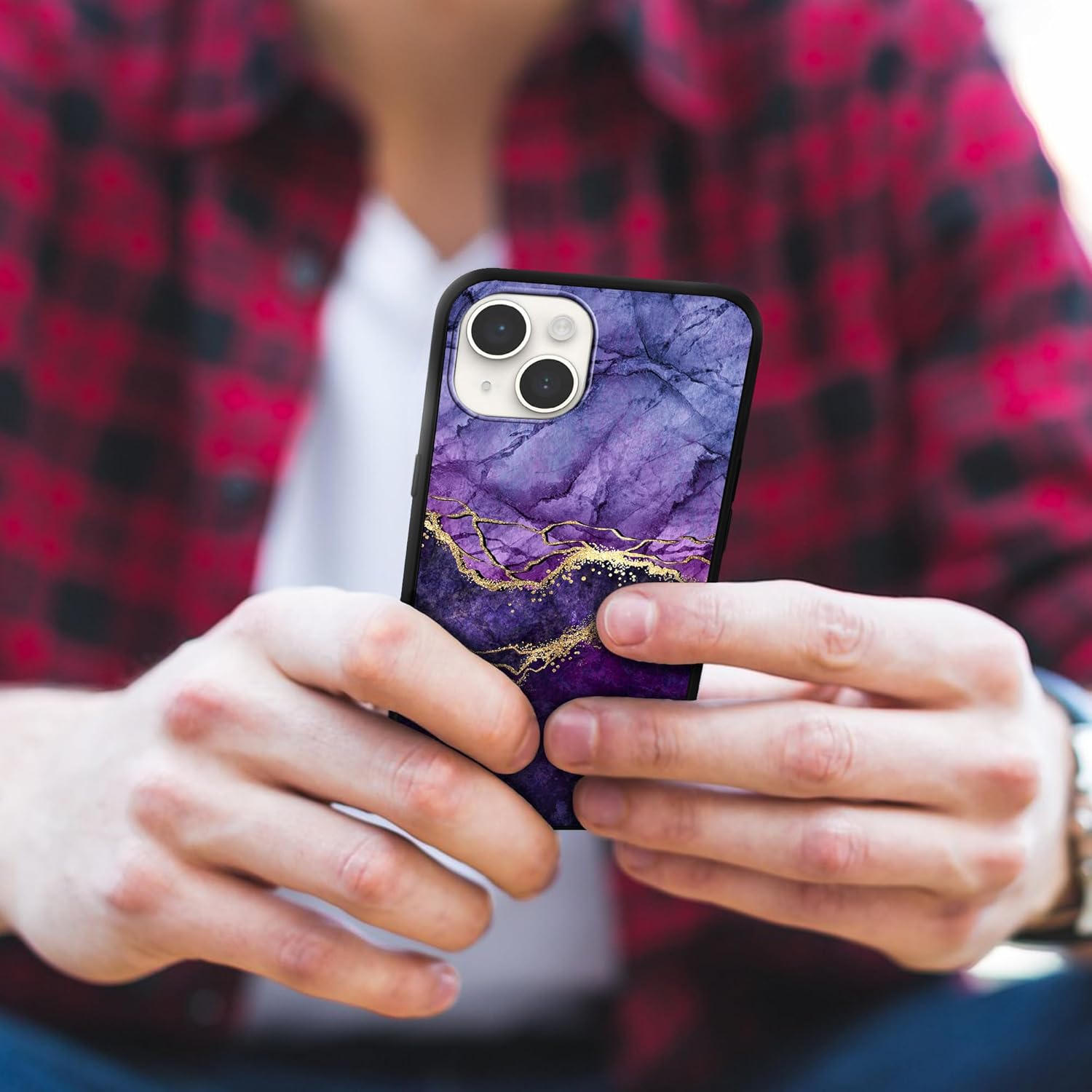 Diseñada para iPhone 15 Plus, funda de teléfono con patrón de mármol morado y venas doradas, para iPhone 15 Plus de 6.7 pulgadas, TPU suave,