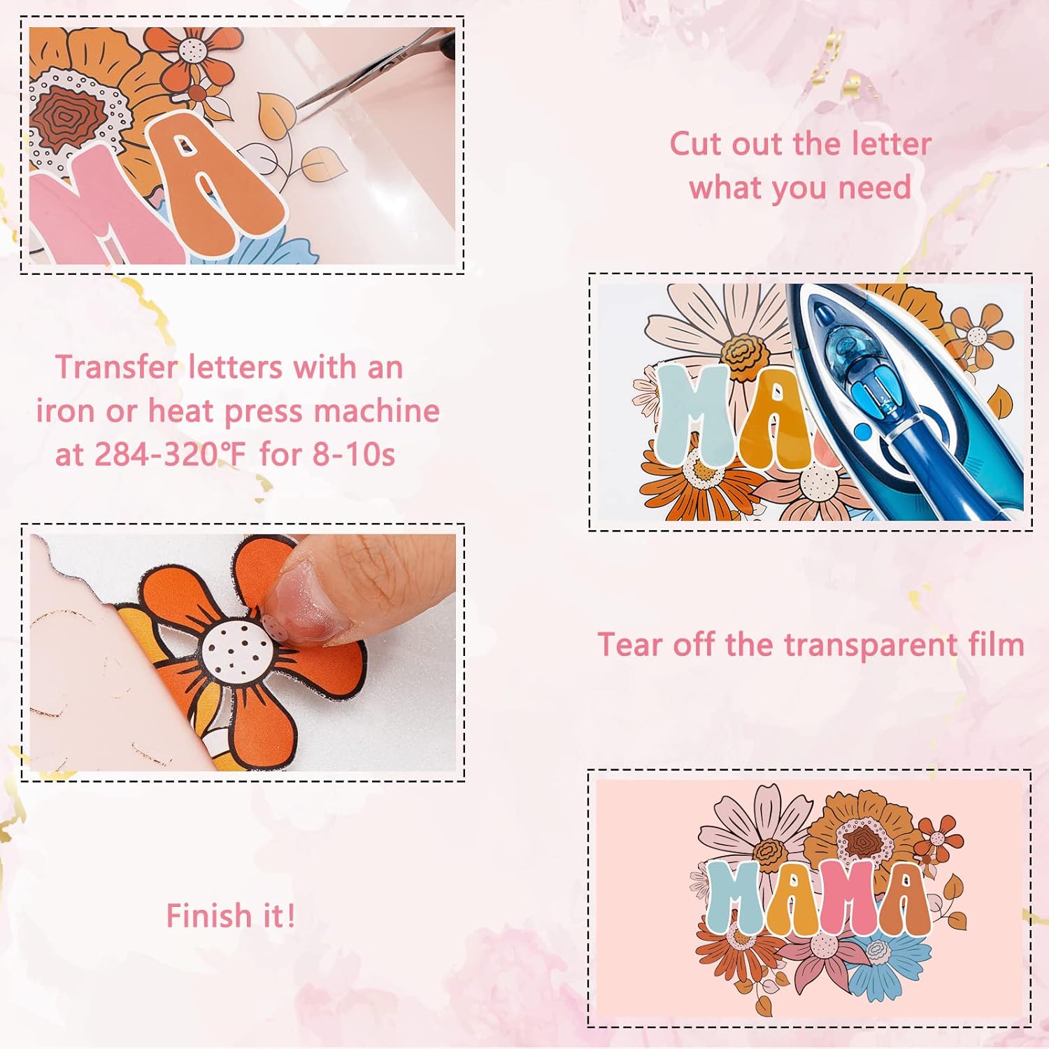 Whaline 6 hojas de parches para planchar con texto en inglés “Mama Boho, para planchar con estampado de arcoíris, flores, leopardo, mamá”, vinilo