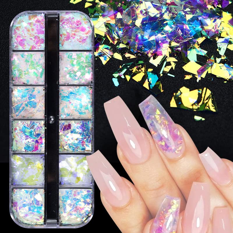 Decoración holográfica de sirena para uñas con lentejuelas iridiscentes con purpurina, 2 cajas brillantes de escoria de hielo brillante y