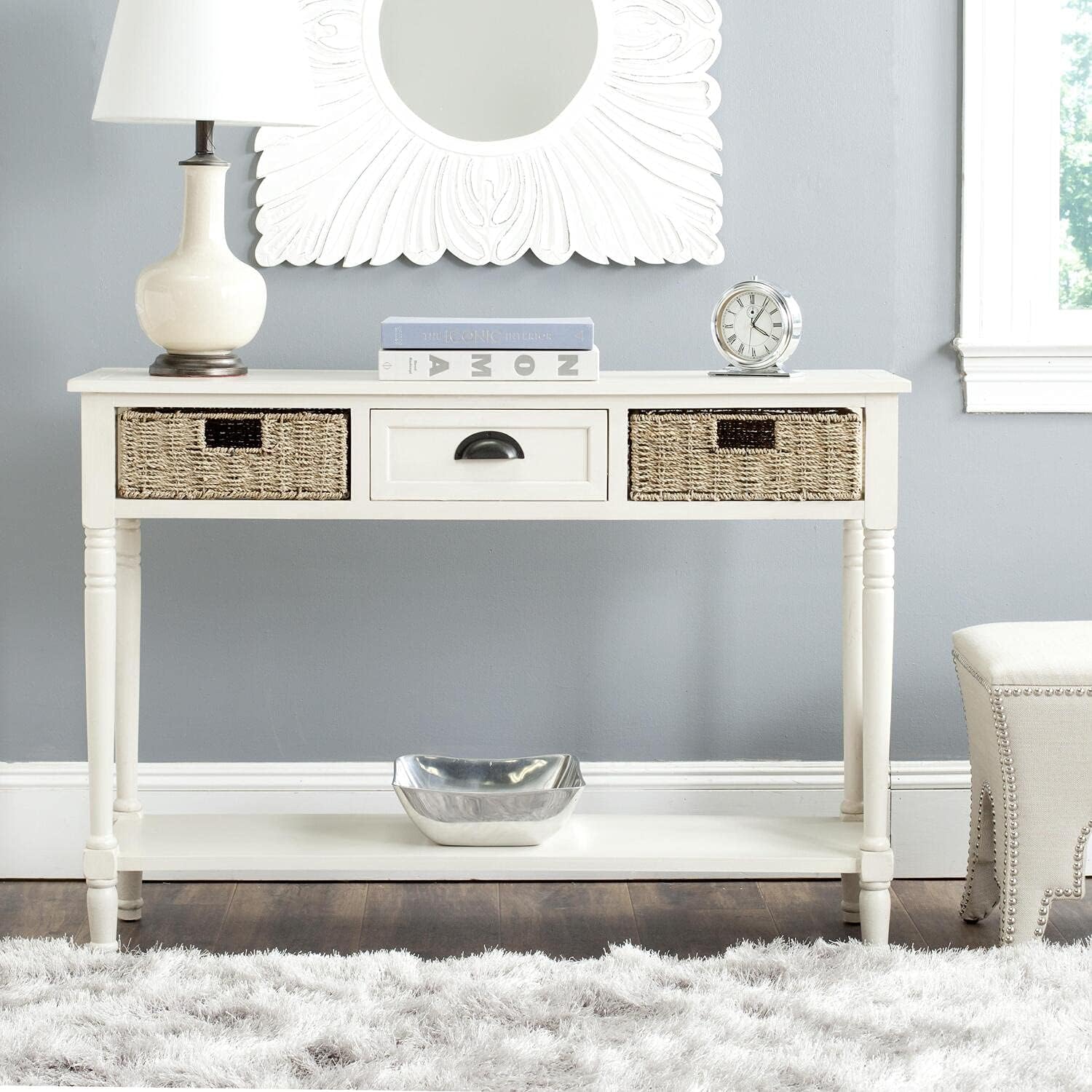 Safavieh American Homes Collection Winifred – Mesa consola de mimbre gris con almacenamiento