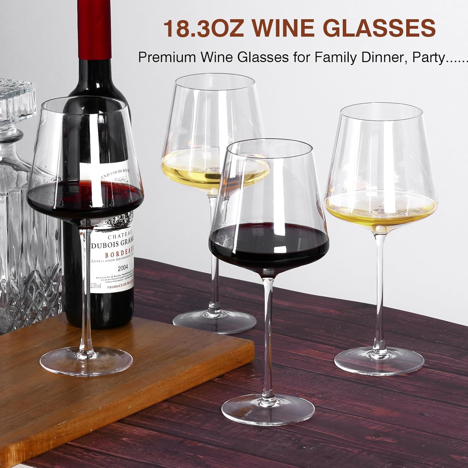 Yaschmo Juego de 4 copas de vino de cristal borgoña de 25 onzas, juego de 4 copas de vino Morden de 18 onzas, con tallo alto para vino tinto y