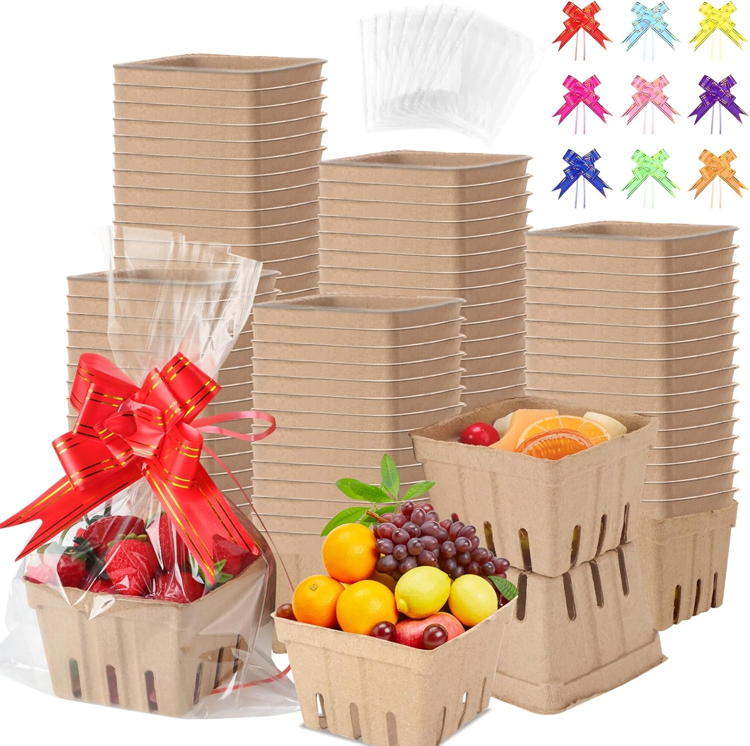 100 cestas de fibra de pulpa natural con 100 bolsas de plástico transparente, 100 lazos coloridos para agricultores, cesta de cosecha, contenedores
