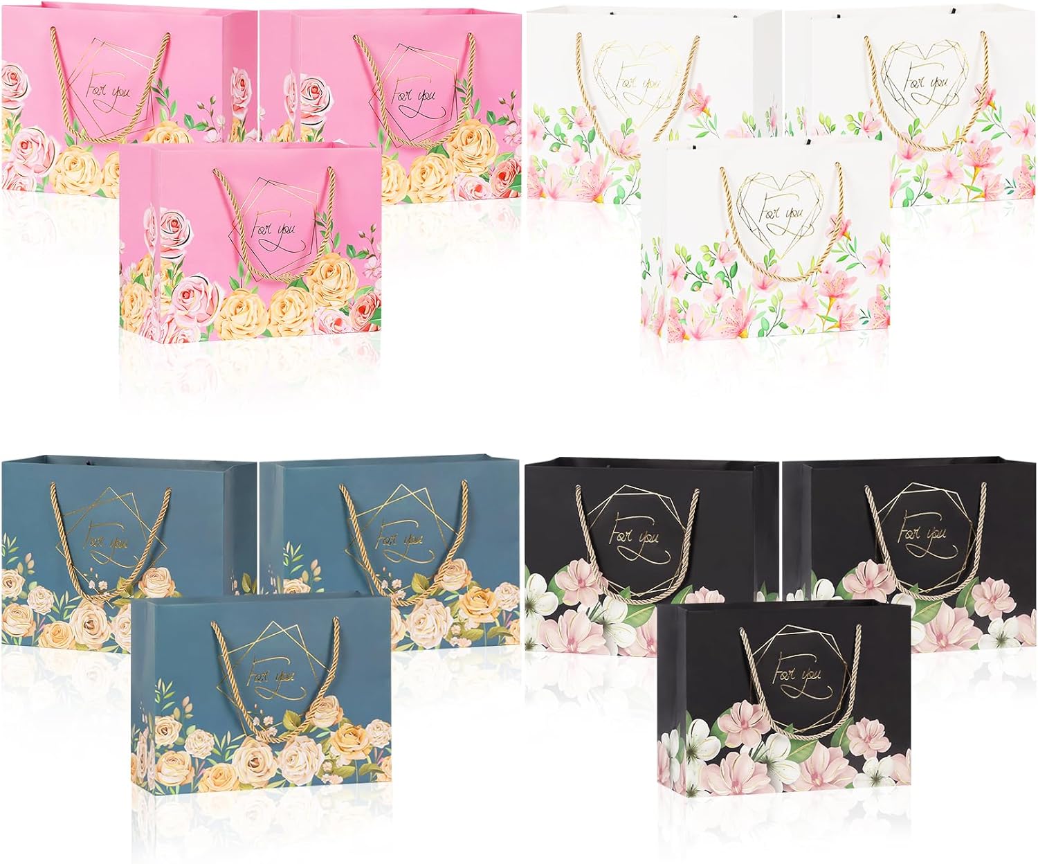 RAZKO Bolsas de regalo florales con asa, paquete de 12 bolsas de regalo de papel medianas de 9.2 pulgadas, bolsas de regalo de 4 colores, bolsas de