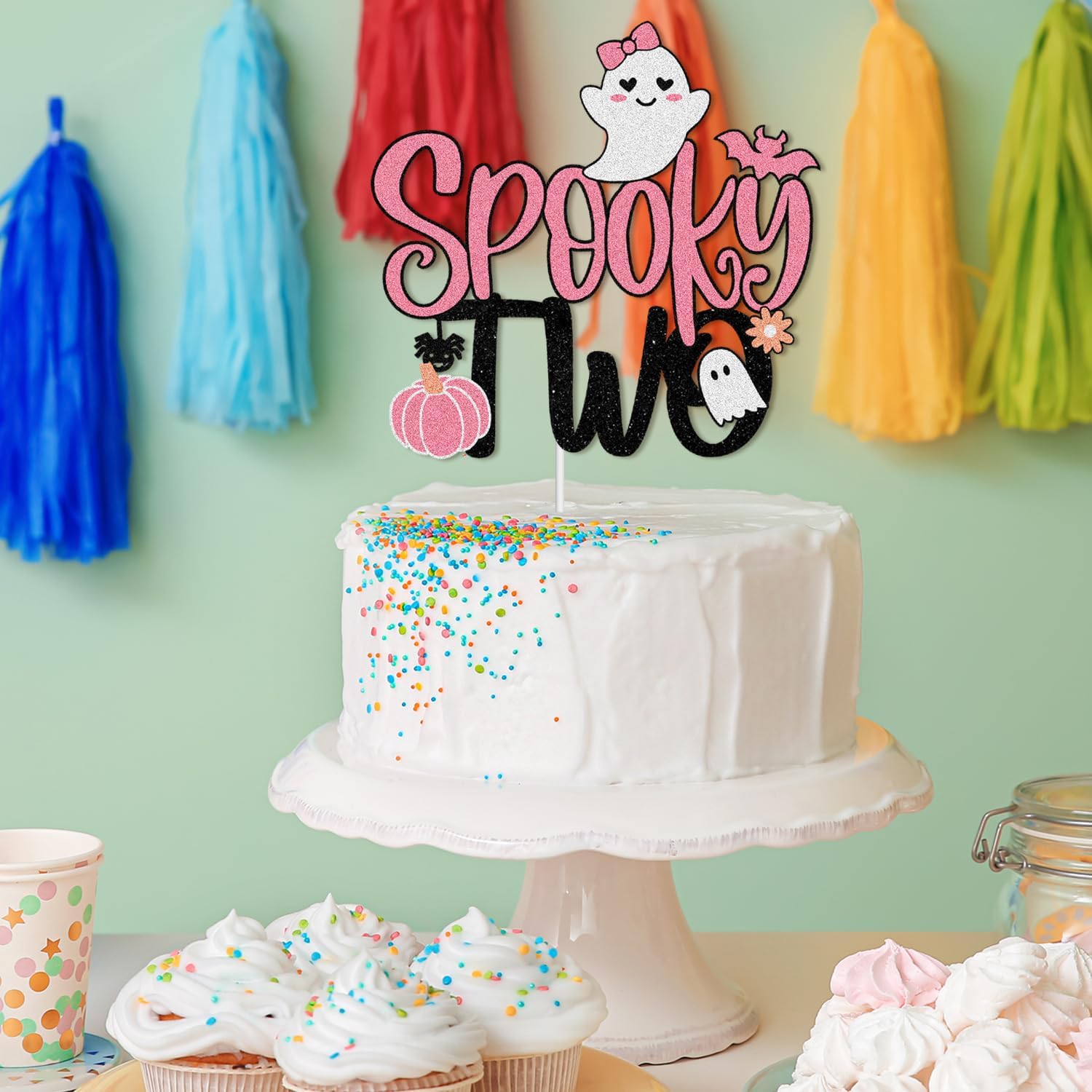 Spooky Two Halloween Happy 2nd Birthday Cake Topper  Boo I’m Two Spooky Ghost Pink Glitter Cake Topper  Feliz segundo cumpleaños fiesta para niña