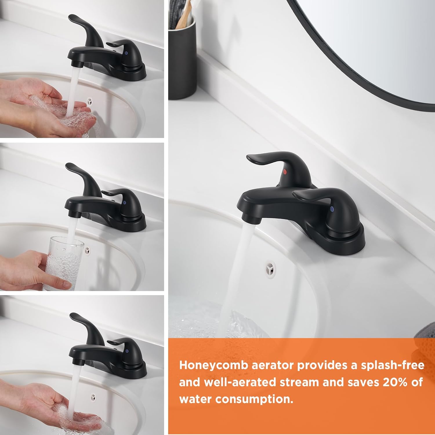 Grifo de lavabo de baño con doble asa, juego central de 4 pulgadas, grifo de fregadero negro para baño con tapón de drenaje emergente, grifos de