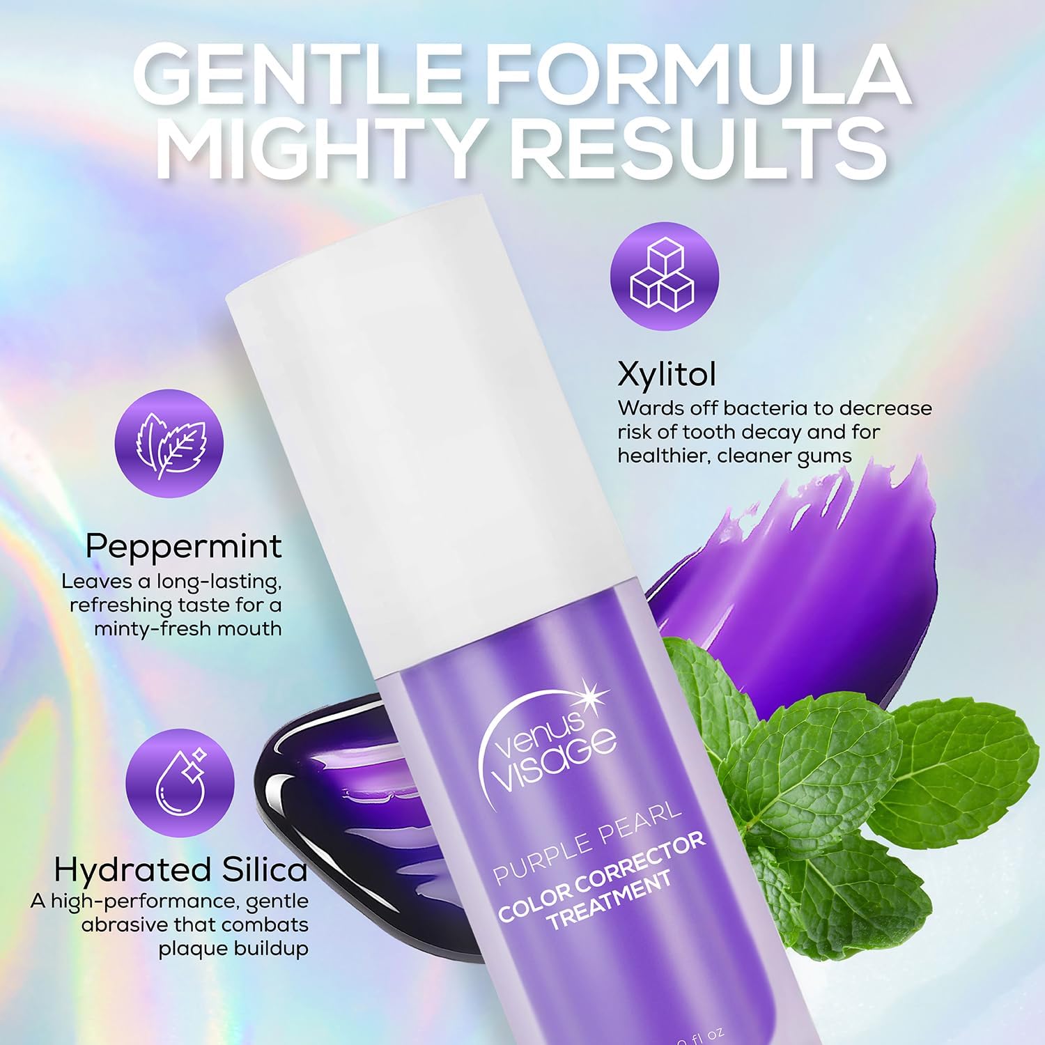 Venus Visage Pasta de dientes Color Corrector Purple – Dentífrico blanqueador púrpura deslumbrante para eliminar manchas – 1.0 fl oz