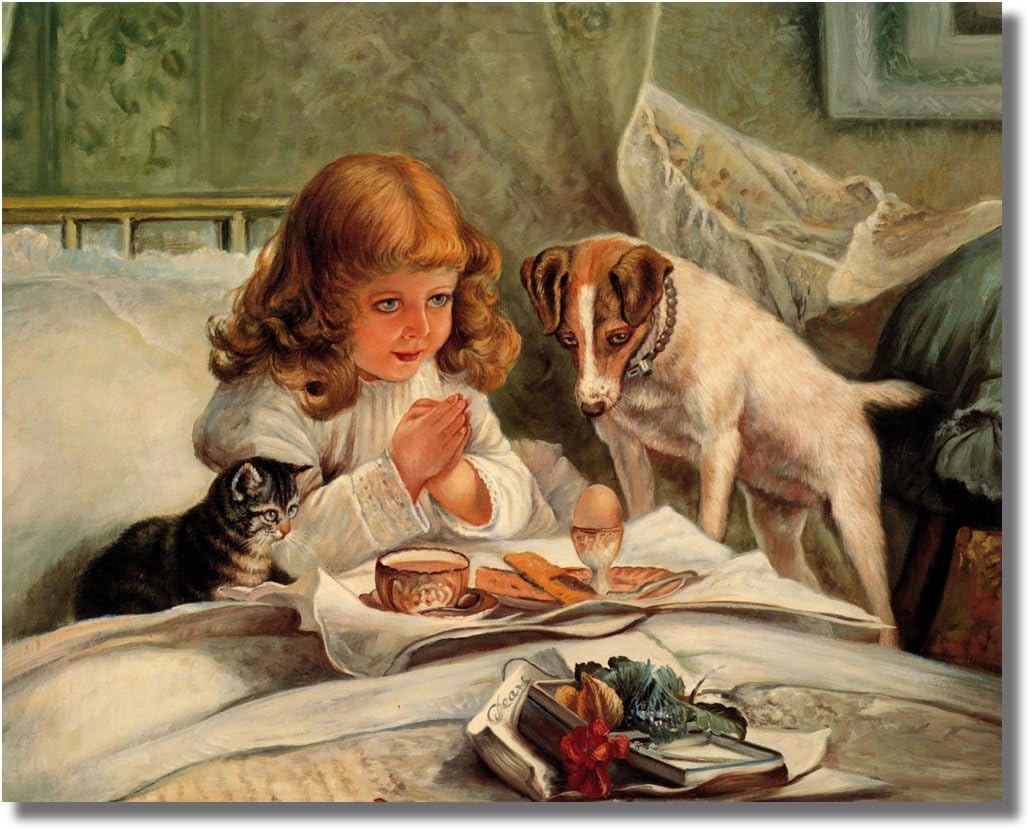 Little Girl Praying in Bed Breakfast – Cuadro de pared religioso para perro y gato
