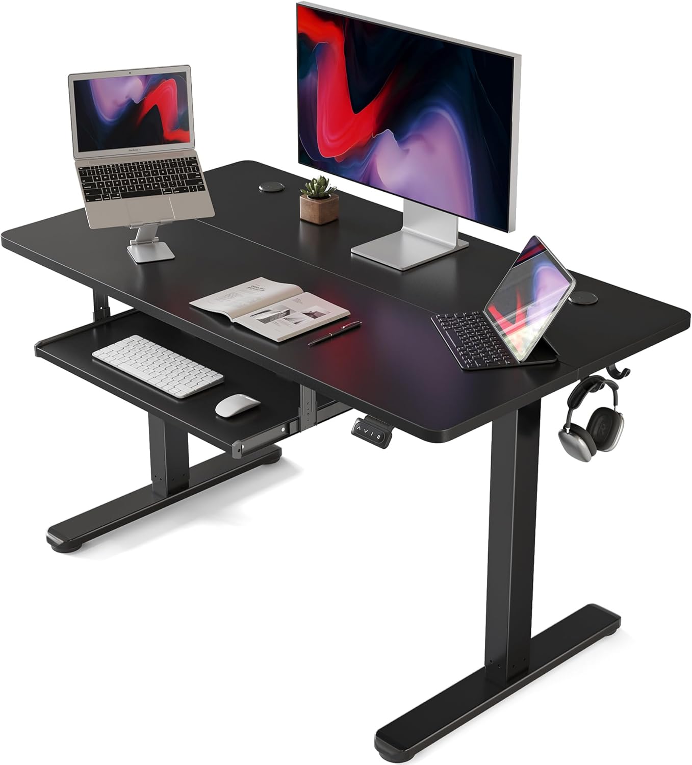 FEZIBO Escritorio de pie con bandeja para teclado, escritorio eléctrico de altura ajustable de 40 × 24 pulgadas, escritorio de pie para sentarse,