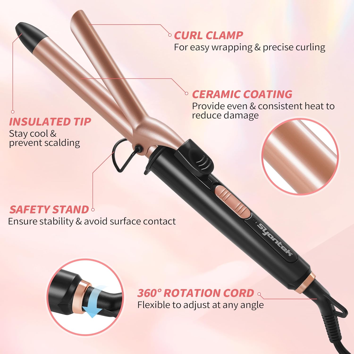 Syantek Rizador de pelo de 34 pulgadas, rizador de pelo de barril de cerámica para rizos más apretados, varita rizadora de cabello profesional para