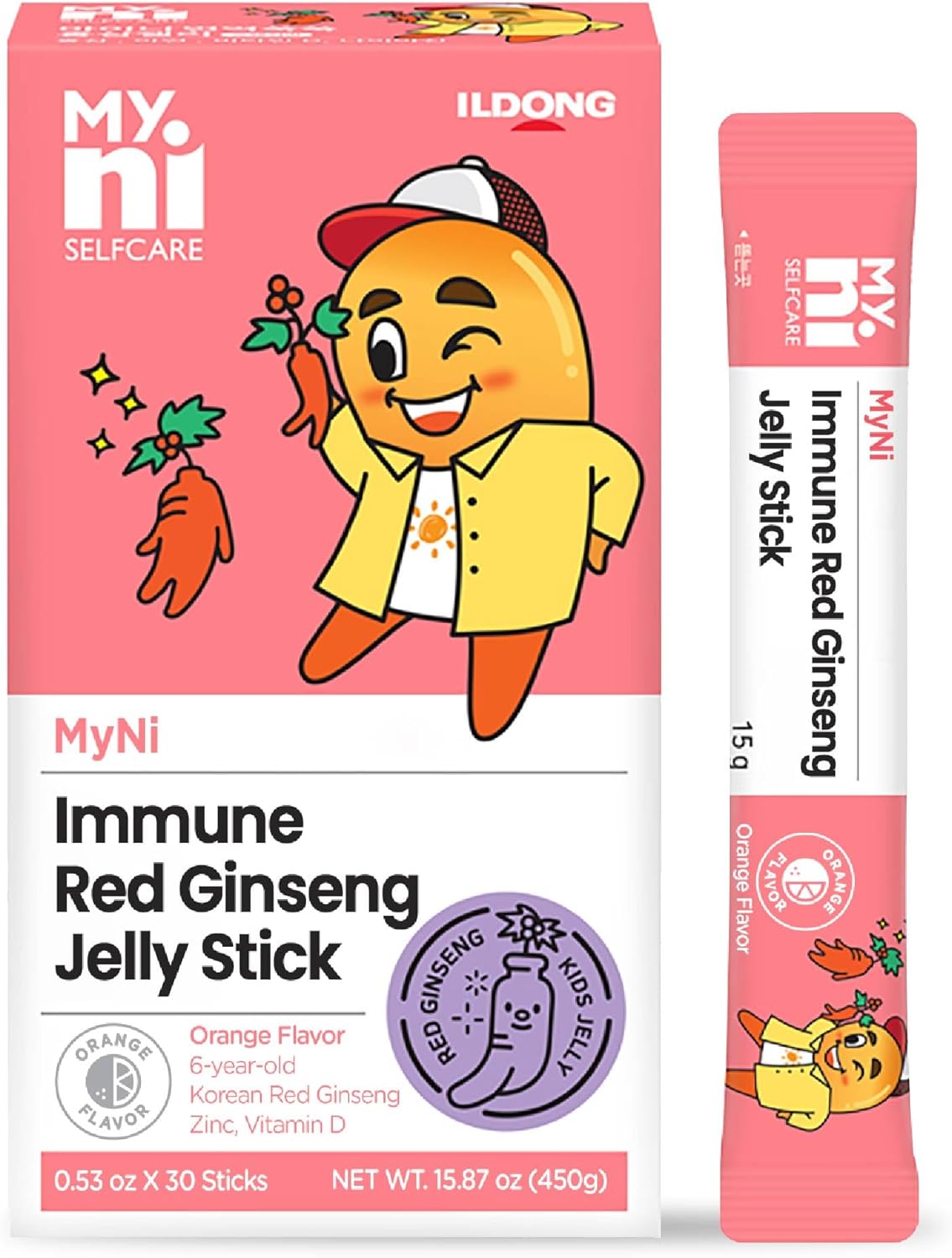 Palito de gelatina coreana Panax Ginseng (sabor naranja, 30 unidades, 15 días)  Suplemento de extracto de ginseng rojo para niños. Impulso de
