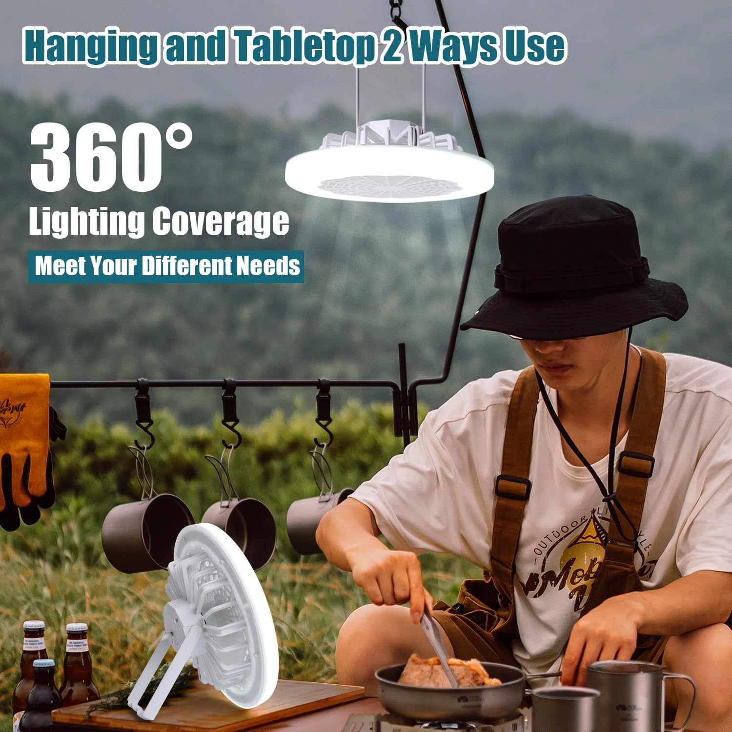 Rechargeable Camping Light Fan Combo 5000 Lumen 3000mAh 3 Lighting Modes 3 Speed Foldable Camping Fans for Tents Hanging Camping Tent Fan LED Light
