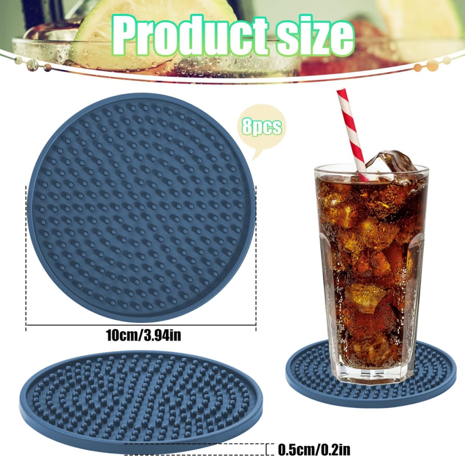 Posavasos de silicona para bebidas 8 unidades, posavasos de silicona para bebidas con soporte, tapete para bebidas antideslizante y antiadherente,