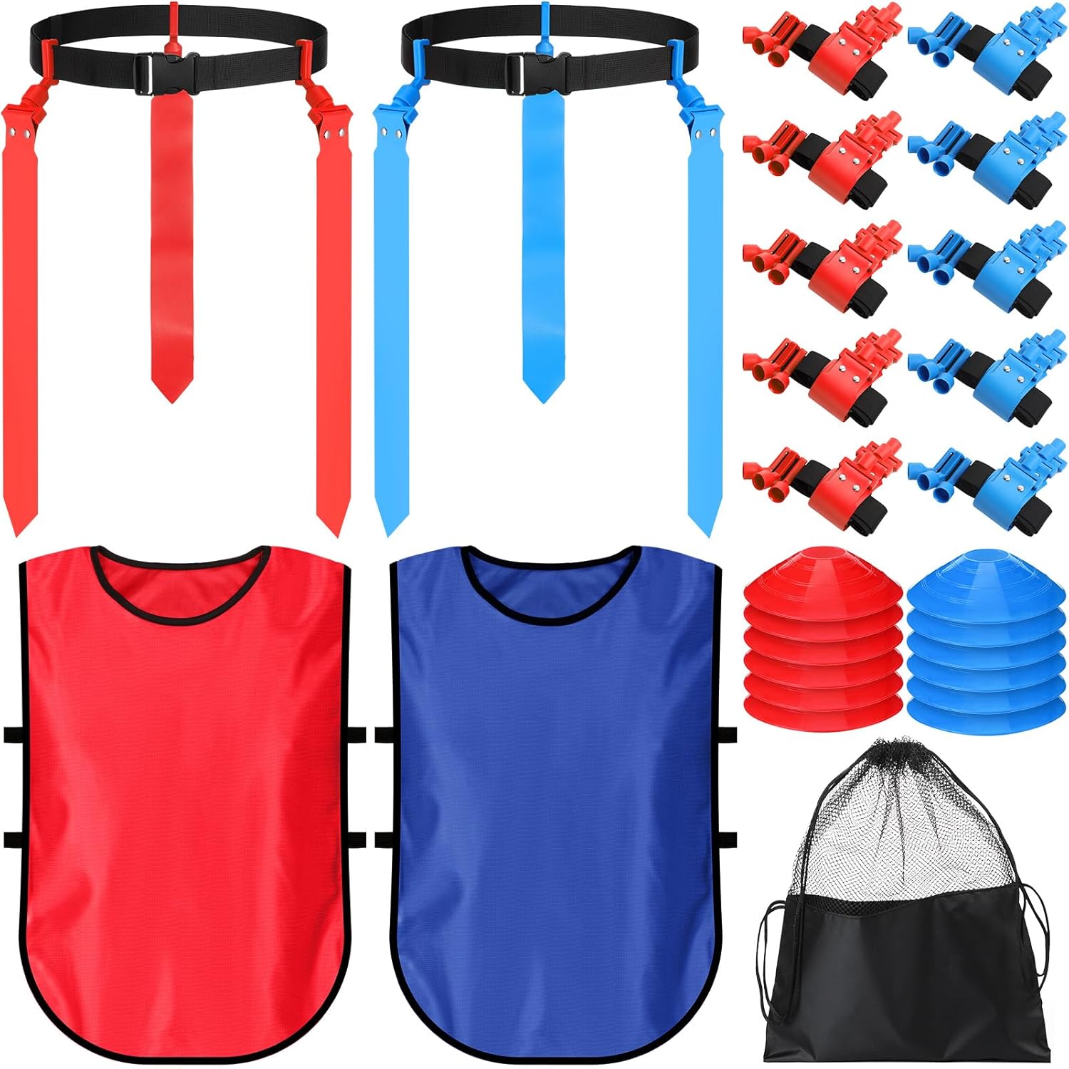 Newwiee Flag Football Set Includes 12 Belts,3 Flags Per Belt, 12 Scrimmage Vests 12 Cones and Bag
