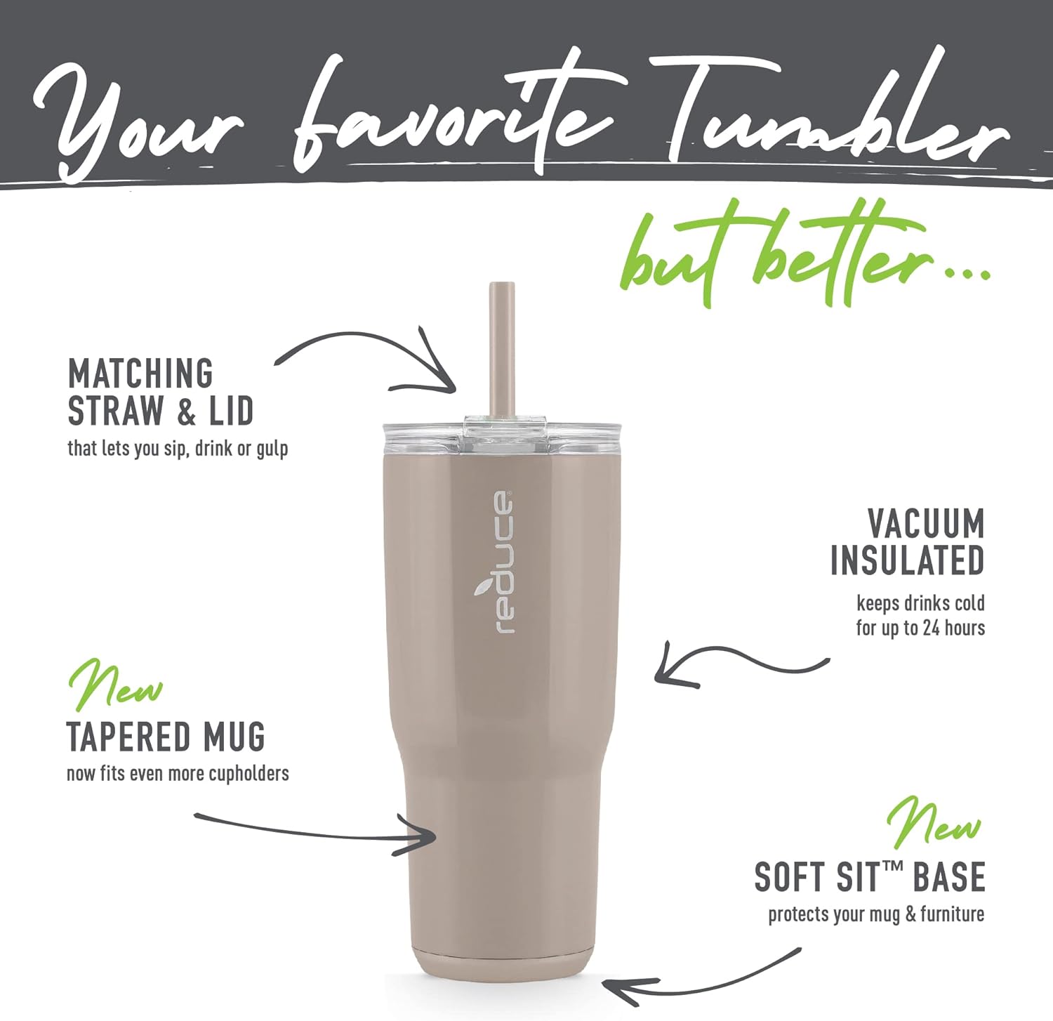 REDUCE Cold1 – Vaso de 24 onzas con tapa y pajita, vaso de acero inoxidable con aislamiento al vacío de doble pared que mantiene las bebidas frías