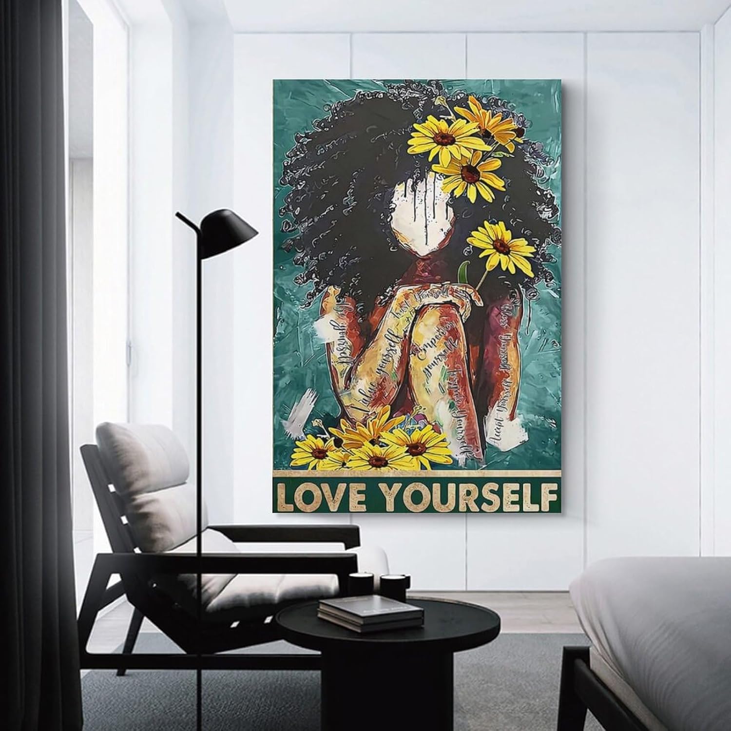 DAXXIN Póster de Love Yourself Value Your Self Black Girl with Girasol, arte de chica afro, mujeres negras, S lienzo para decoración de pared, para
