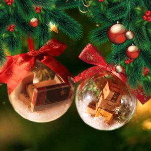2 adornos para árbol de Navidad con mini cajas de entrega en el interior, divertidas bolas de Navidad transparentes, paquetes de decoraciones de 2 adornos para árbol de Navidad con mini cajas de entrega en el interior, divertidas bolas de Navidad transparentes, paquetes de decoraciones de