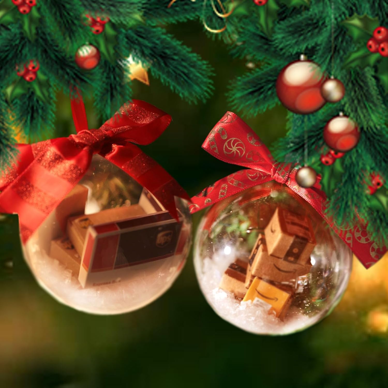 2 adornos para árbol de Navidad con mini cajas de entrega en el interior, divertidas bolas de Navidad transparentes, paquetes de decoraciones de