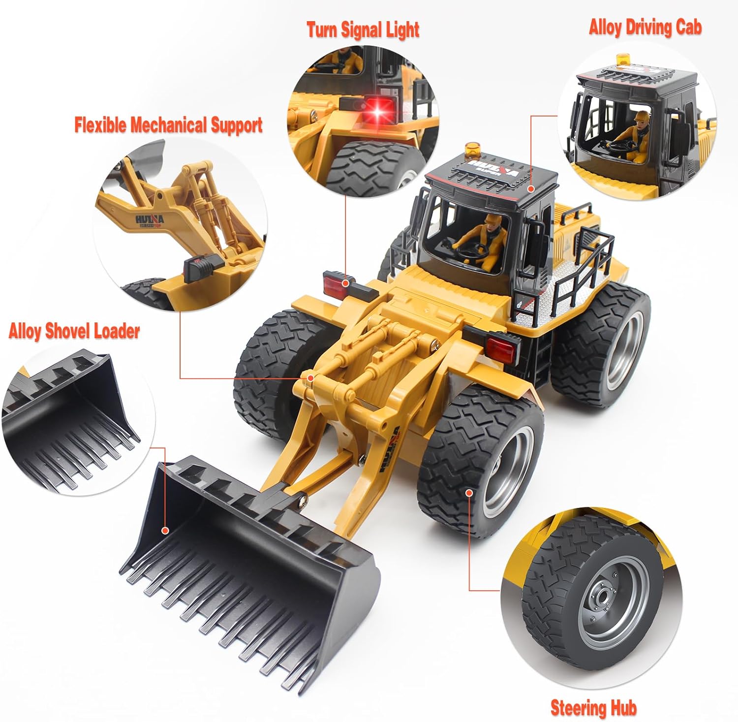 Fistone Cargador frontal RC de 9 canales, tractor de pala de aleación 4WD, niveladora RC de 2.4 GHz, vehículo de construcción, control de radio,