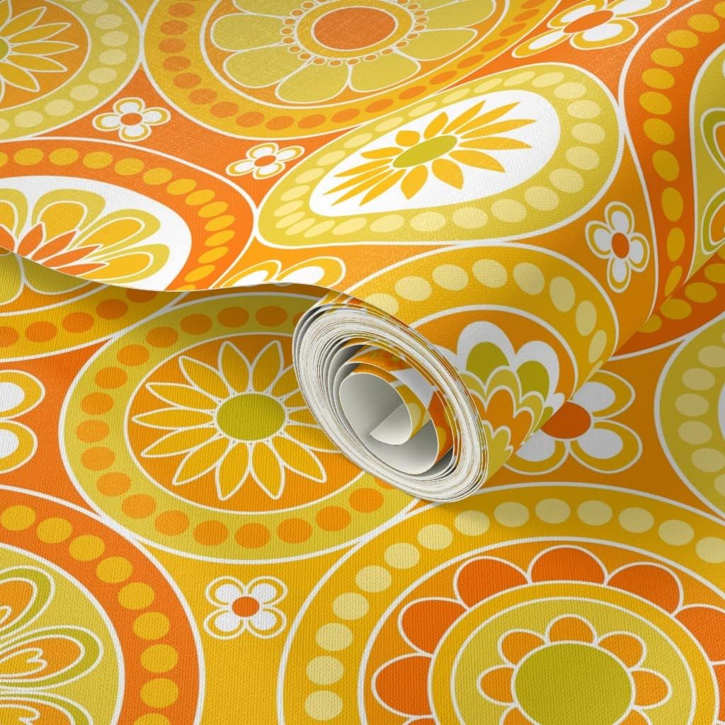 Spoonflower Peel & Stick Wallpaper 3ft x 2ft – Circle Tiles Yellow Flowers Retro Orange Geometric 70s 60s Vintage Custom Removable Wallpaper