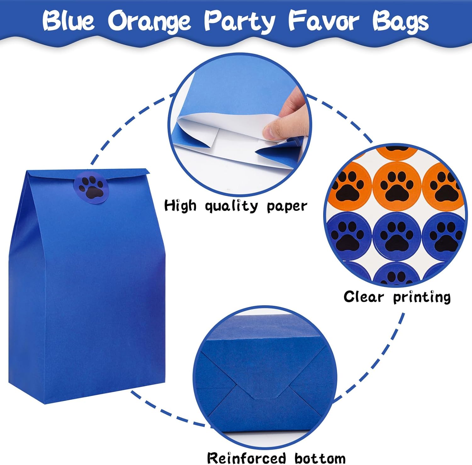 Whaline 24 bolsas de regalo de fiesta de color azul y naranja, bolsas de regalo de papel con calcomanías de pata de perro, bolsas de dulces para