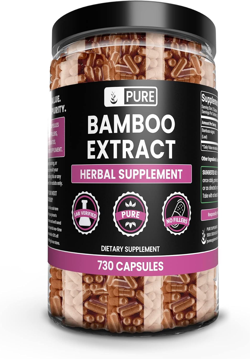 Pure Original Ingredients Extracto de bambú (730 cápsulas) sin rellenos de magnesio o arroz, siempre puro, verificado por laboratorio