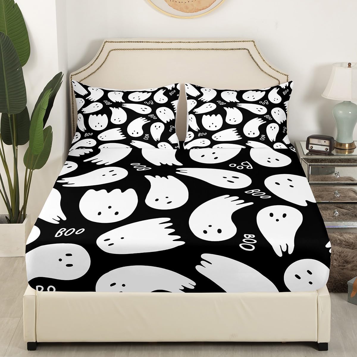 Juego de sábanas de fantasma de Halloween de dibujos animados, decoración del hogar, juego de sábanas de bolsillo profundo, funda de colchón estilo