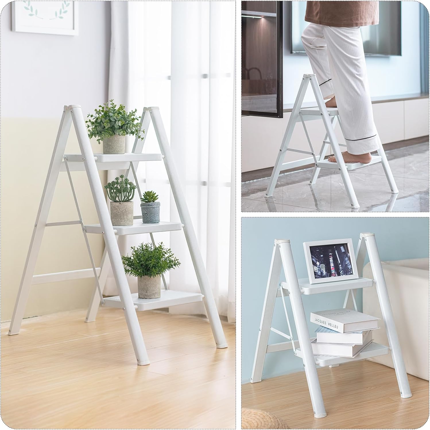Escalera de 2 escalones, multiusos, resistente, ligera, plegable, portátil, con pedales anchos antideslizantes, capacidad de 500 libras para el