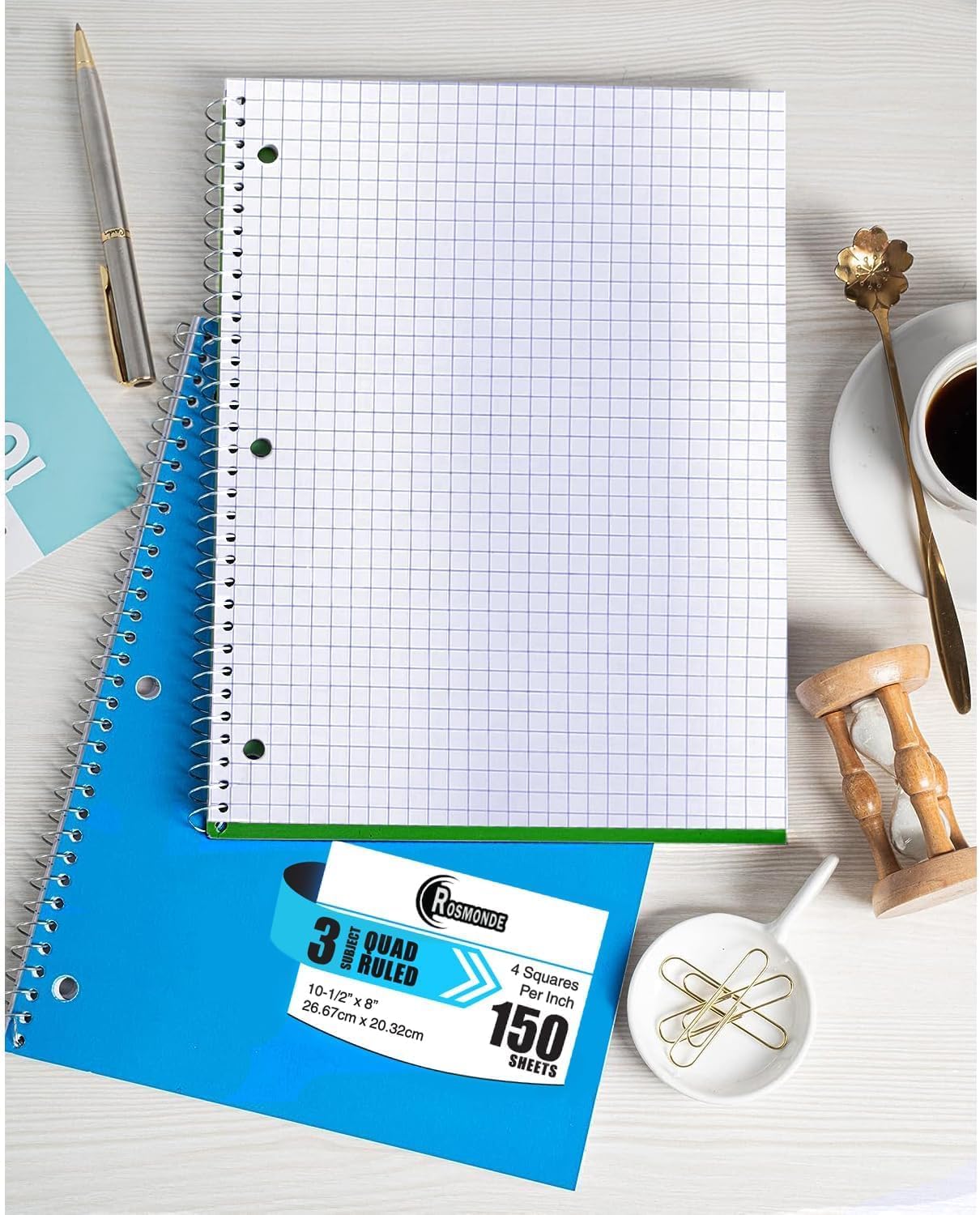 Cuadernos de espiral de 3 materias a rayas, paquete de 12, 300 páginas (150 hojas), 8 x 10-12 pulgadas, cuadrícula en espiral para la escuela y la
