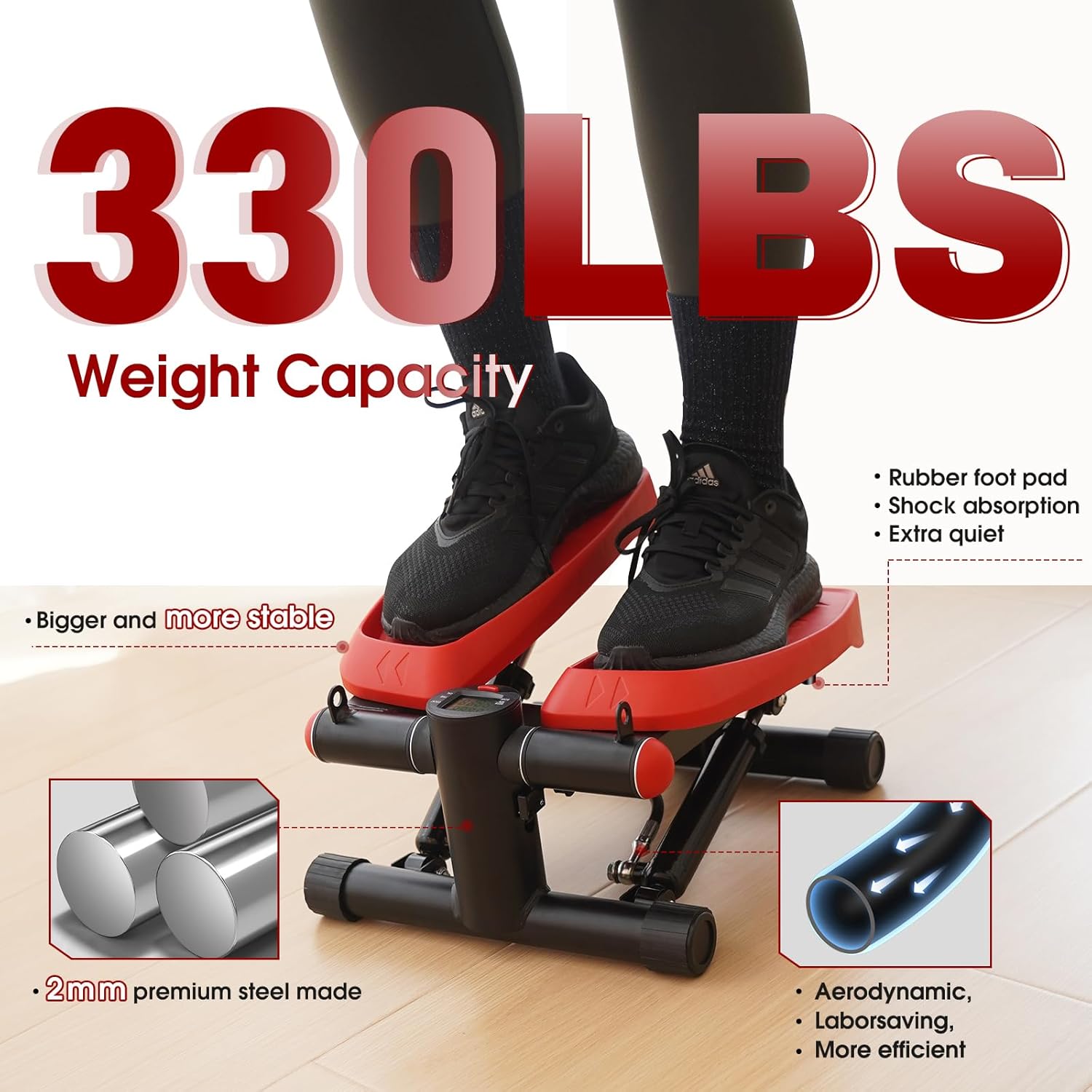 MOSUNY Steppers para ejercicio, mini con bandas de resistencia Home Fitness, escalera neumática mejorada de carga de 330 libras, monitor LCD de