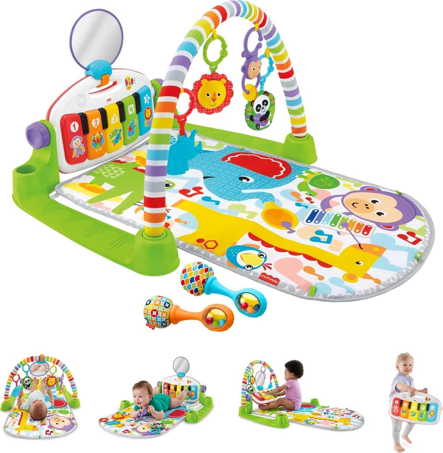 Fisher-Price Baby Bouncer Animal Wonders Jumperoo Activity Center & Fisher-Price Baby Playmat Deluxe Kick & Play Piano Gym & Maracas con escenarios