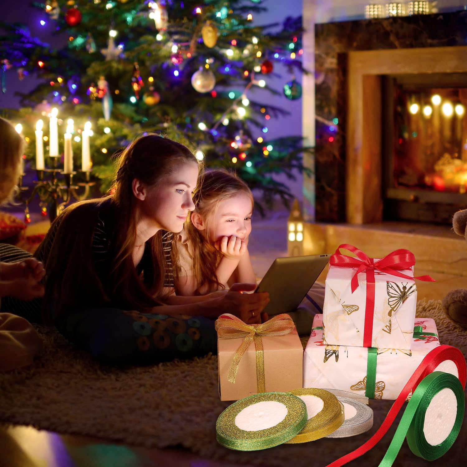 5 rollos de cintas de Navidad para manualidades, paquete de regalo de 25 yardas, envoltura de tela metálica con purpurina para festivales navideños,