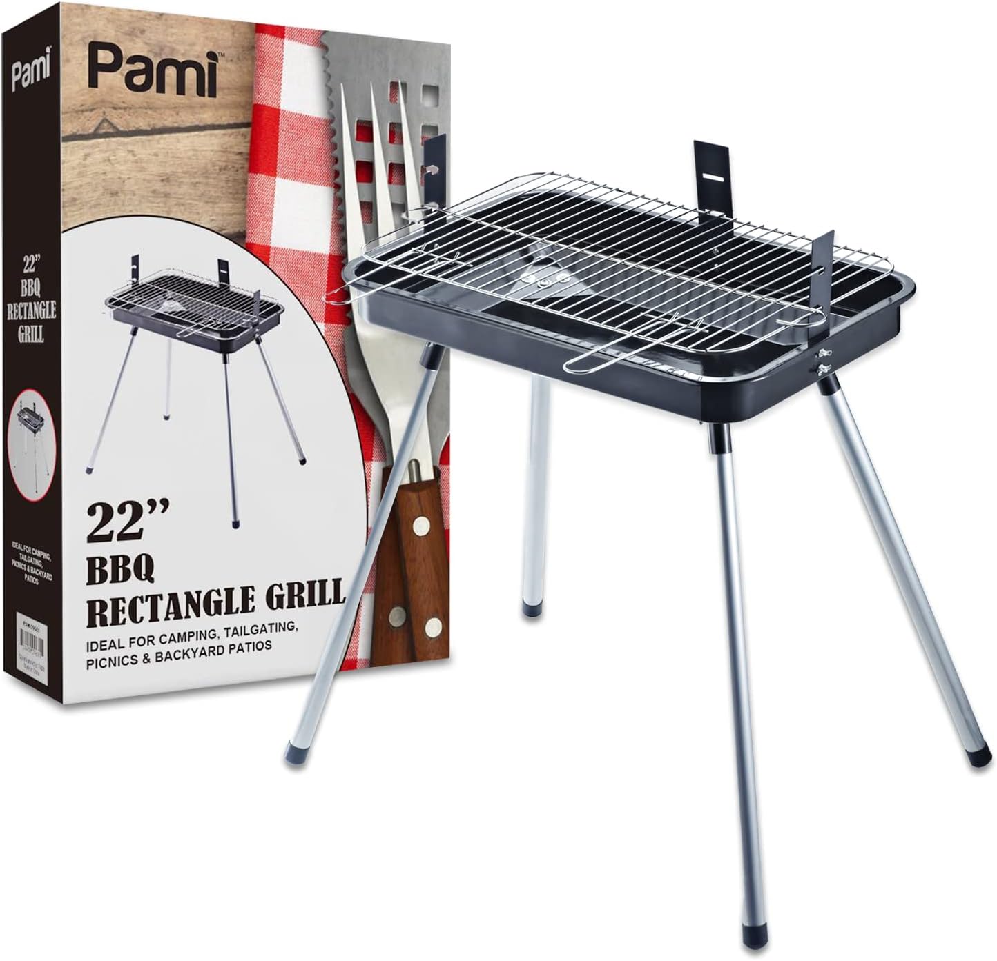 PAMI Parrilla portátil de carbón para barbacoa, parrilla mediana rectangular de 22 pulgadas para patio, patio, campamento, portón trasero y pícnics,