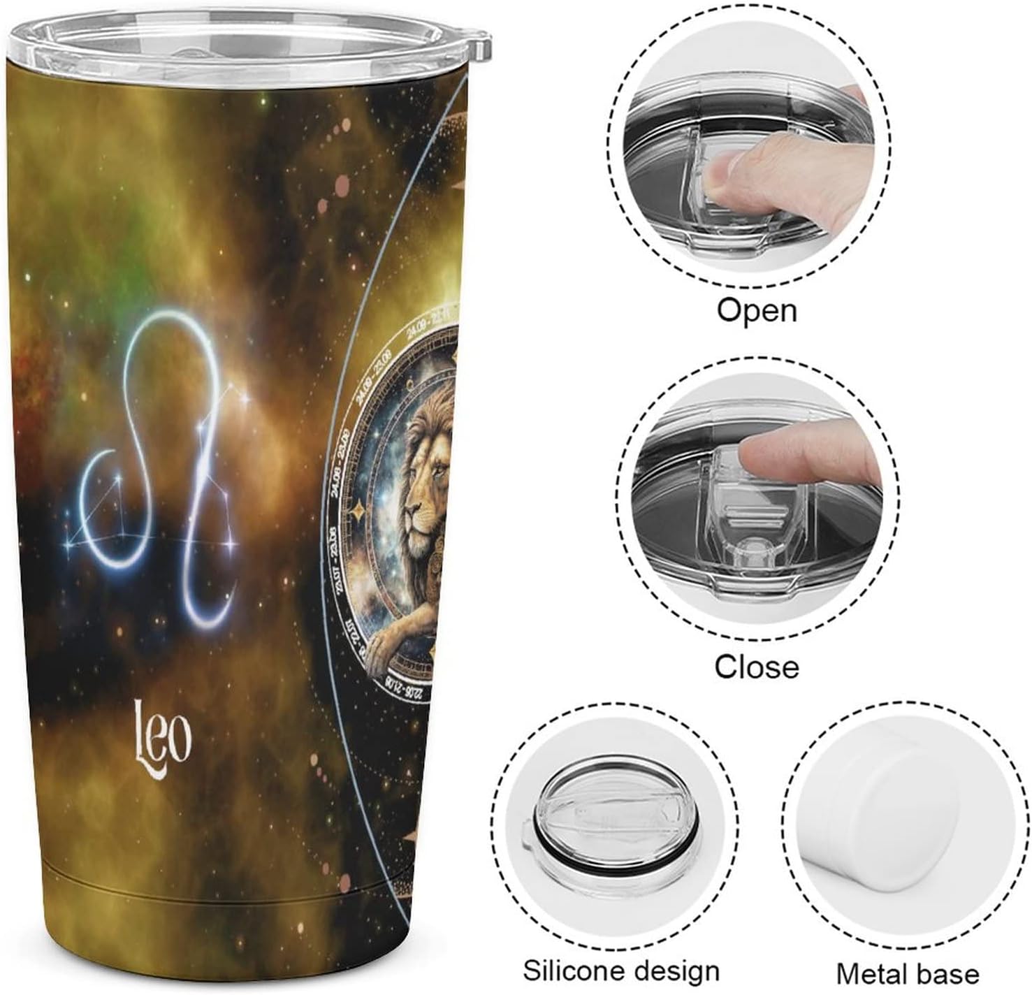 Leo – Vaso de 20 onzas con popote y tapa, doble pared aislada al vacío, vaso impreso del zodiaco, taza de café, vino, agua, té, regalo para mujeres,