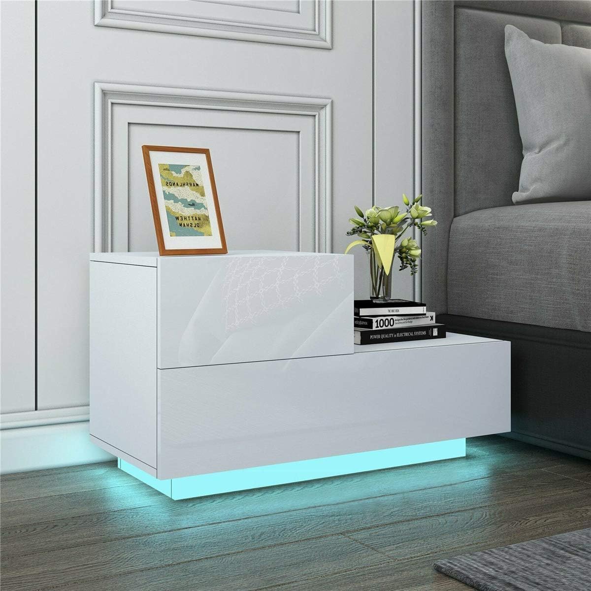 HOMMPA Mesita de noche LED pequeña, moderna mesa de noche blanca de alto brillo con 2 cajones, mesita de noche con luz LED, mesa auxiliar con