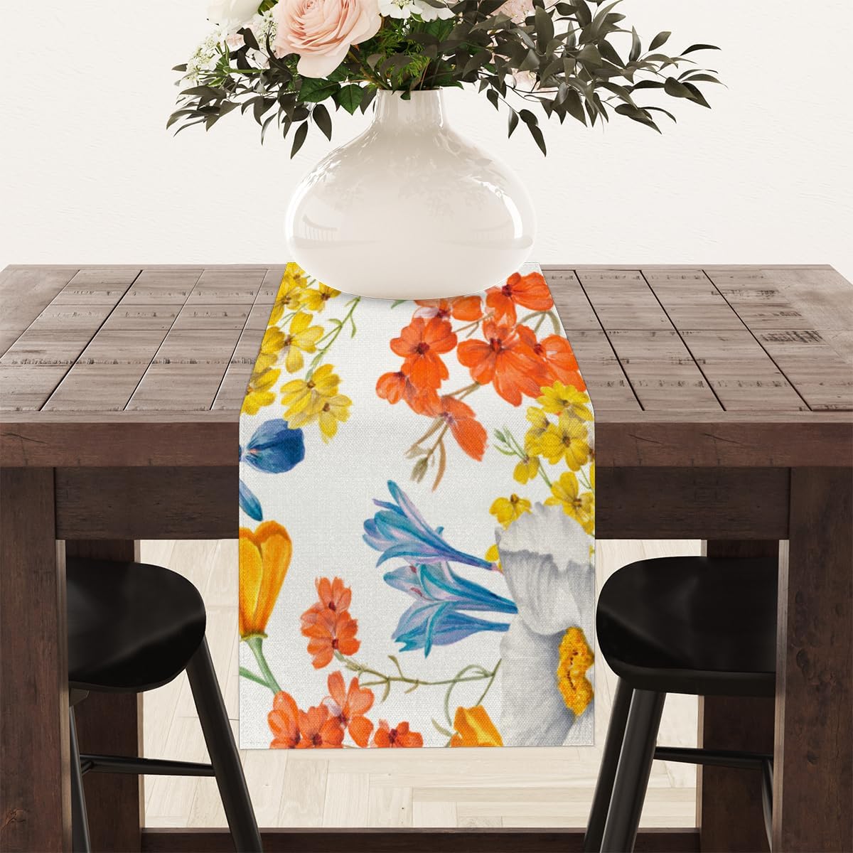 Camino de mesa con flores coloridas de acuarela, mantel de lino rústico para cocina de granja, cena, eventos, fiesta, decoración de mesa de