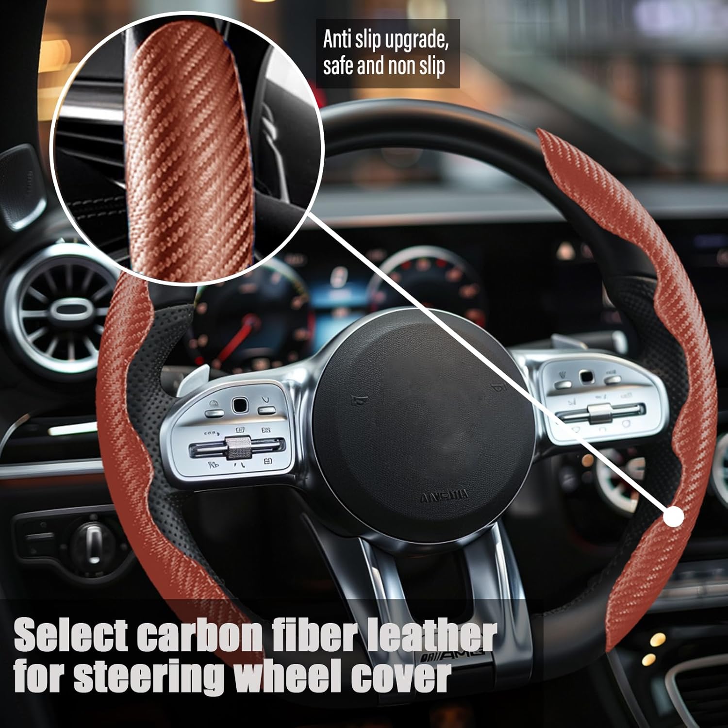 WOCOCN Funda para volante, funda de fibra de carbono para volante de automóvil con forro antideslizante, ajuste universal para la mayoría de los