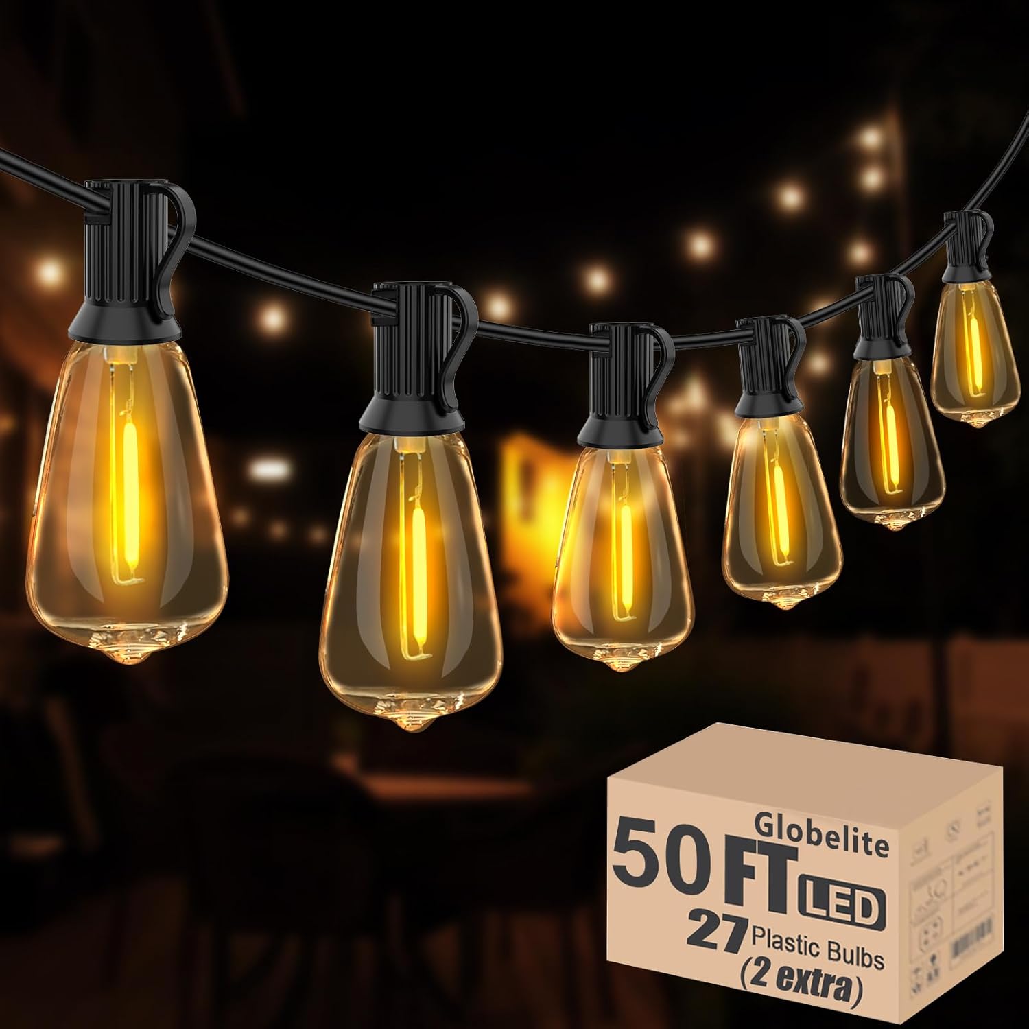 Tira de luces para exteriores, 50 pies, impermeable, inastillable, para patio, con 27 bombillas regulables, color blanco cálido, para exteriores,