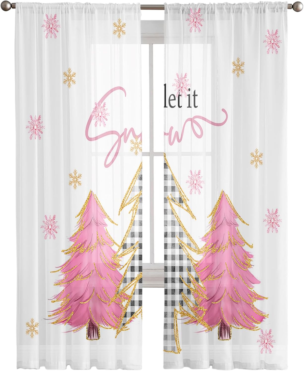 Cortinas de Navidad para sala de estar, cortinas traslúcidas para árbol de Navidad, cortinas de ventana con bolsillo para barra, cortinas de ventana