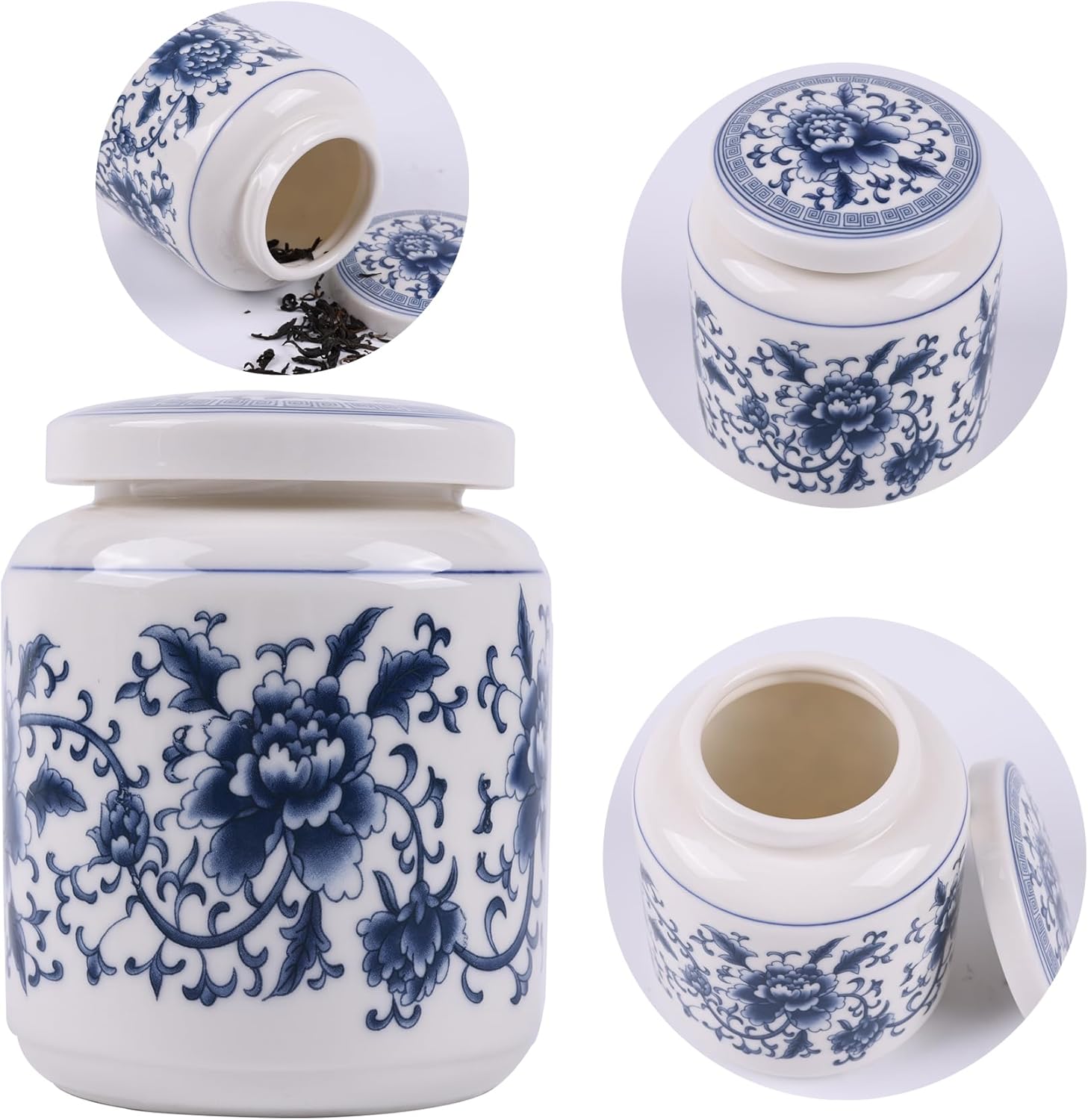 Tarro tradicional chinoiserie de jengibre de porcelana azul y blanca de 4.61 pulgadas de alto con tapa giratoria. Botes de cocina de cerámica y