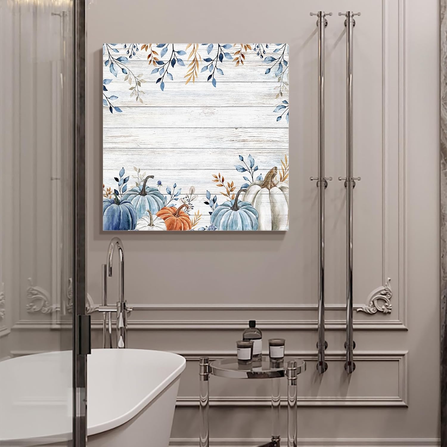 Lienzo decorativo para pared con diseño de calabaza otoñal, diseño de calabazas de color azul, blanco y naranja degradado, grano de madera rústica,