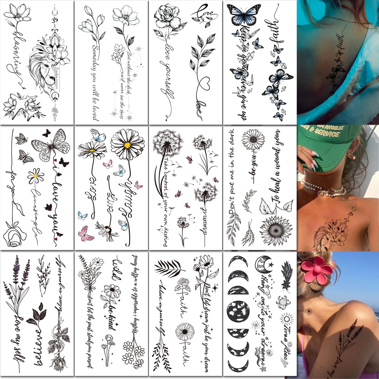 CHARLNET – Tatuajes temporales con palabras de flores para mujeres y niñas, de larga duración, impermeables, realistas, sexys, tatuajes temporales
