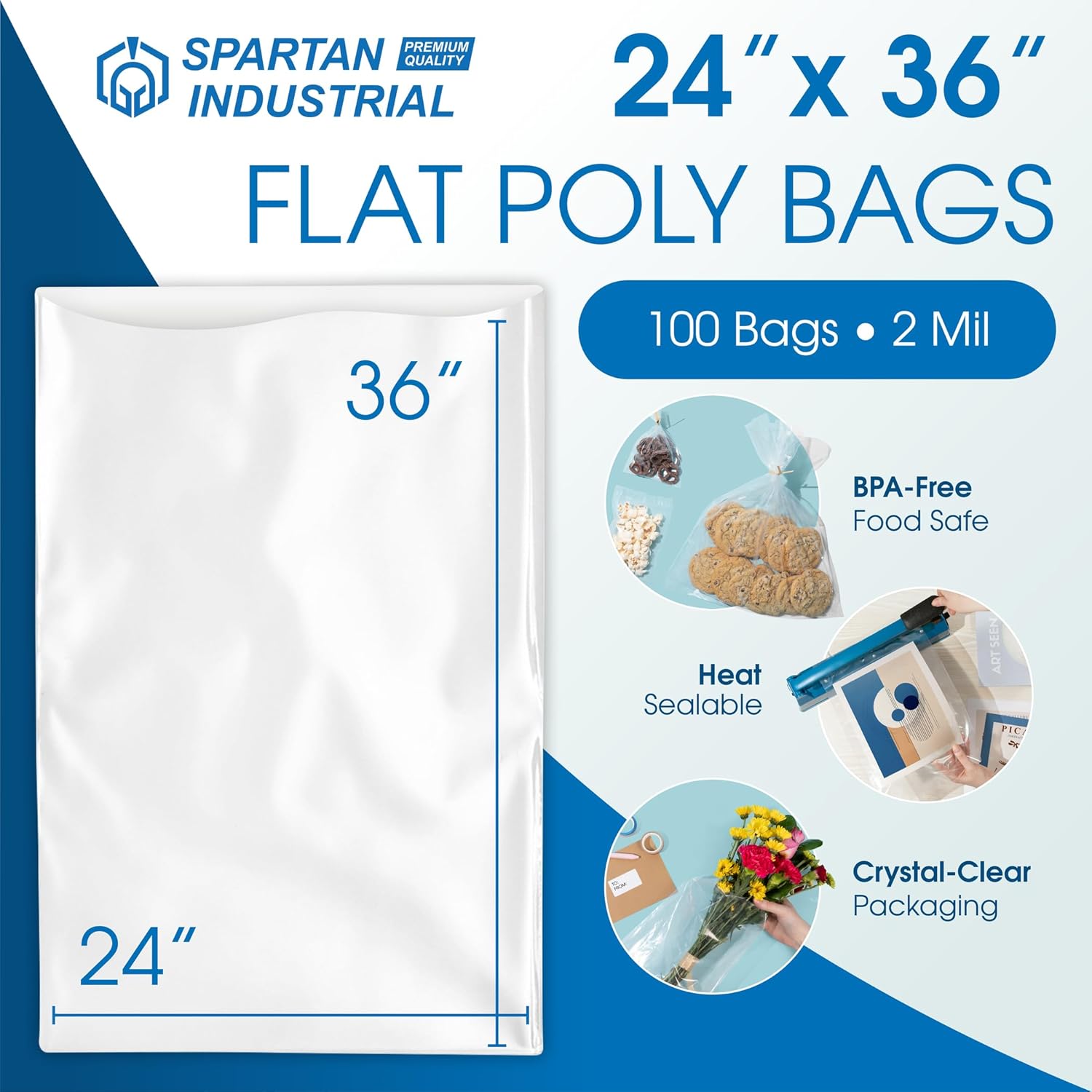 Spartan Industrial – Bolsas de plástico transparente de 24 pulgadas x 36 pulgadas (100 unidades) de 2 mil, resistentes y planas de extremo abierto,