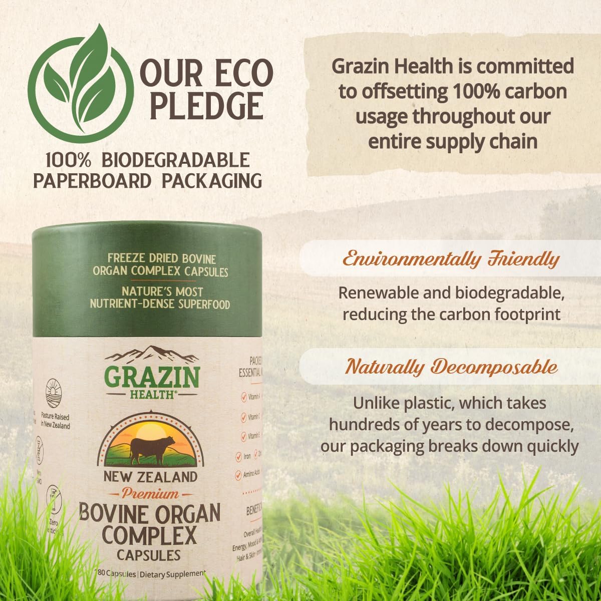 Grazin Health – Complejo de órganos bovinos alimentados con pasto hígado, bazo, riñón, corazón, páncreas (600 mg por órgano por cápsula), 3000 mg