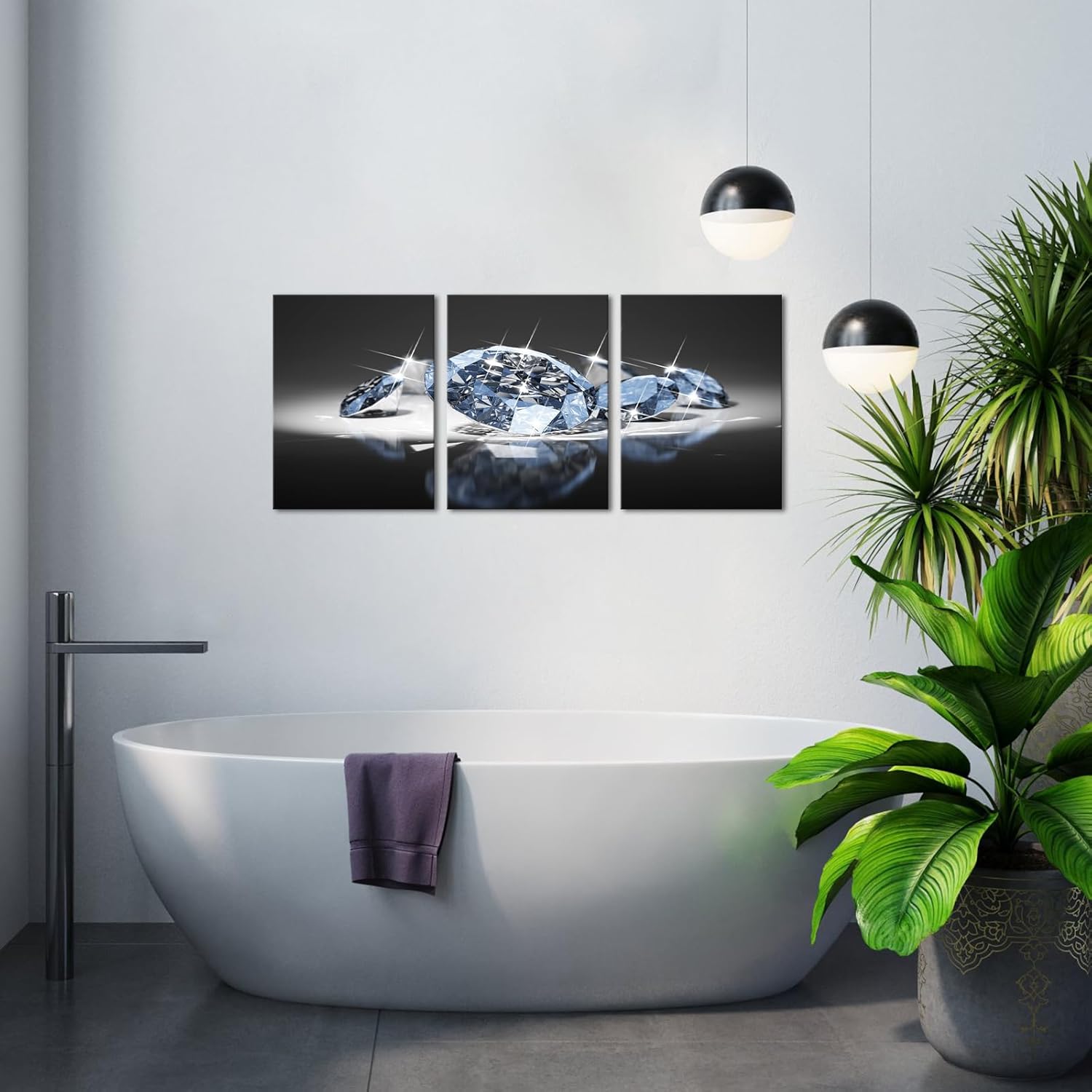 Biuteawal Arte de pared blanco y negro de 3 paneles, diamantes de lujo sobre fondo negro, impresión sobre lienzo, pintura de moda, decoración del