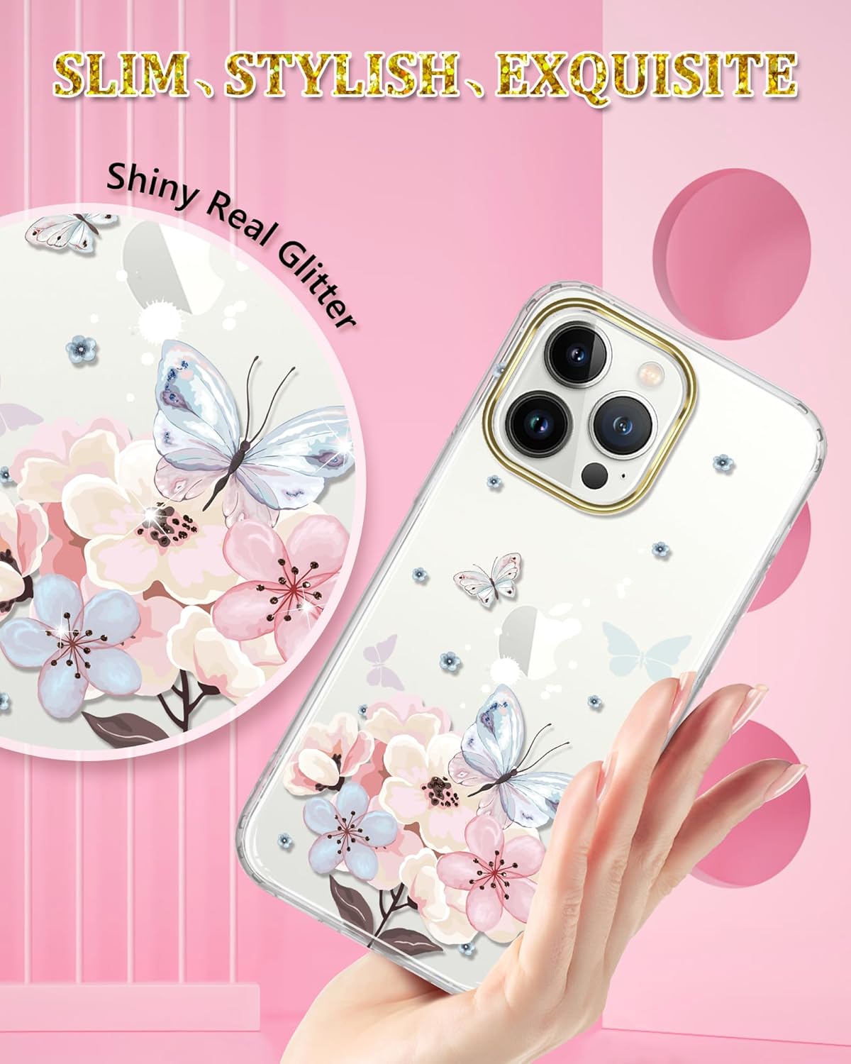 JAHOLAN Funda transparente para iPhone 15 Pro Max, diseño de flores de mariposa, protección a prueba de golpes, delgada, de poliuretano
