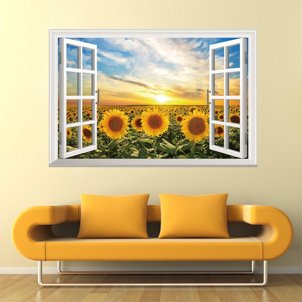 Mallofusa Adhesivo de pared extraíble de girasol para ventana 3D, calcomanías de sala de arte de PVC, decoración mural para pared y techo, dormitorio