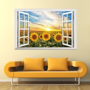 Mallofusa Adhesivo de pared extraíble de girasol para ventana 3D, calcomanías de sala de arte de PVC, decoración mural para pared y techo, dormitorio Mallofusa Adhesivo de pared extraíble de girasol para ventana 3D, calcomanías de sala de arte de PVC, decoración mural para pared y techo, dormitorio
